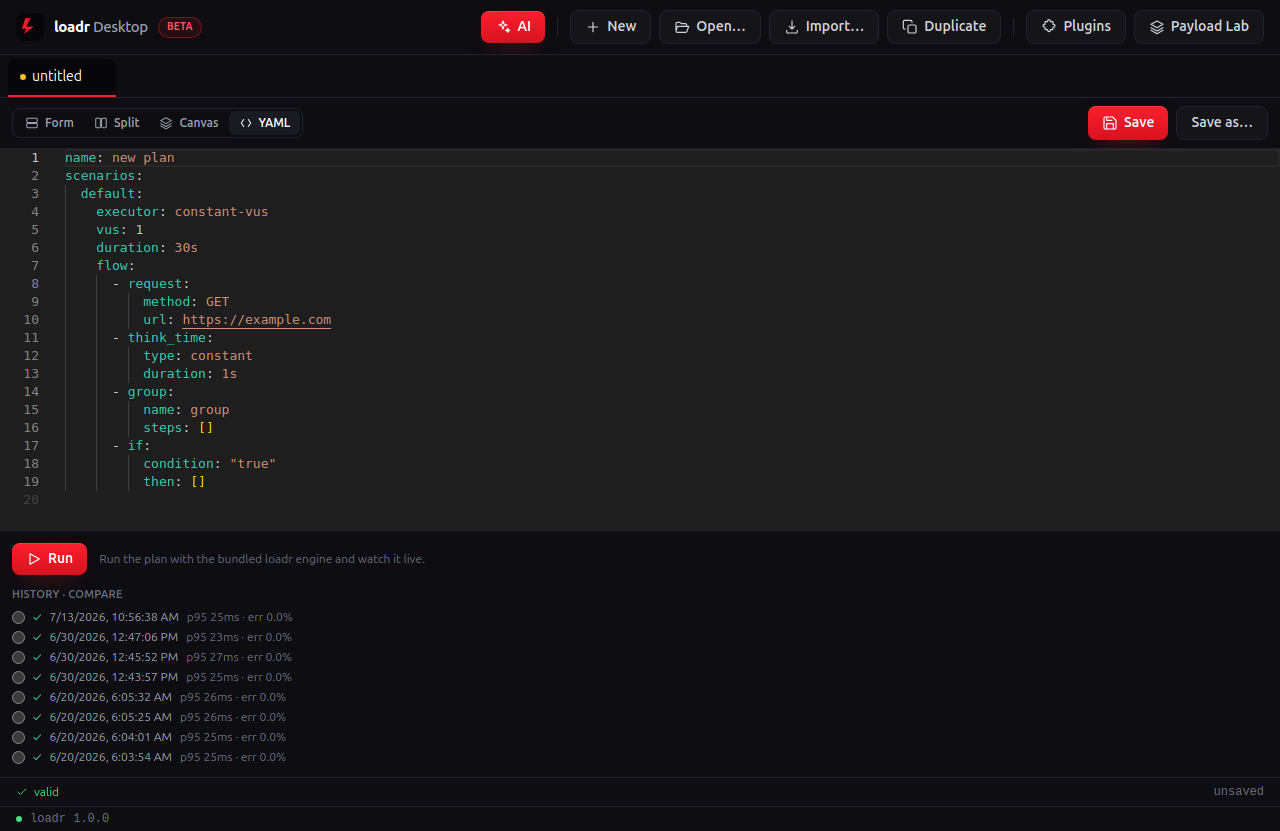 loadr Desktop — Monaco YAML editor view