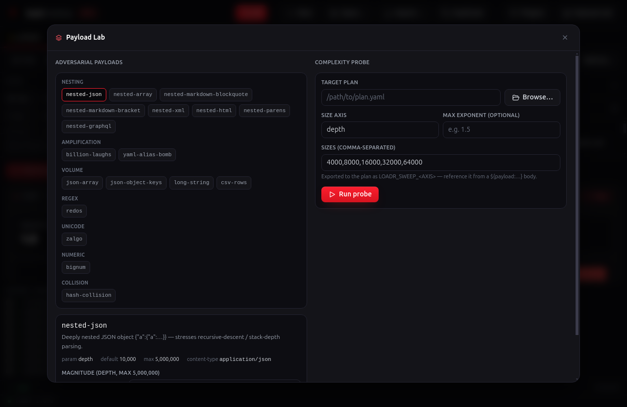loadr Desktop — Payload Lab with the adversarial payload catalog and complexity probe